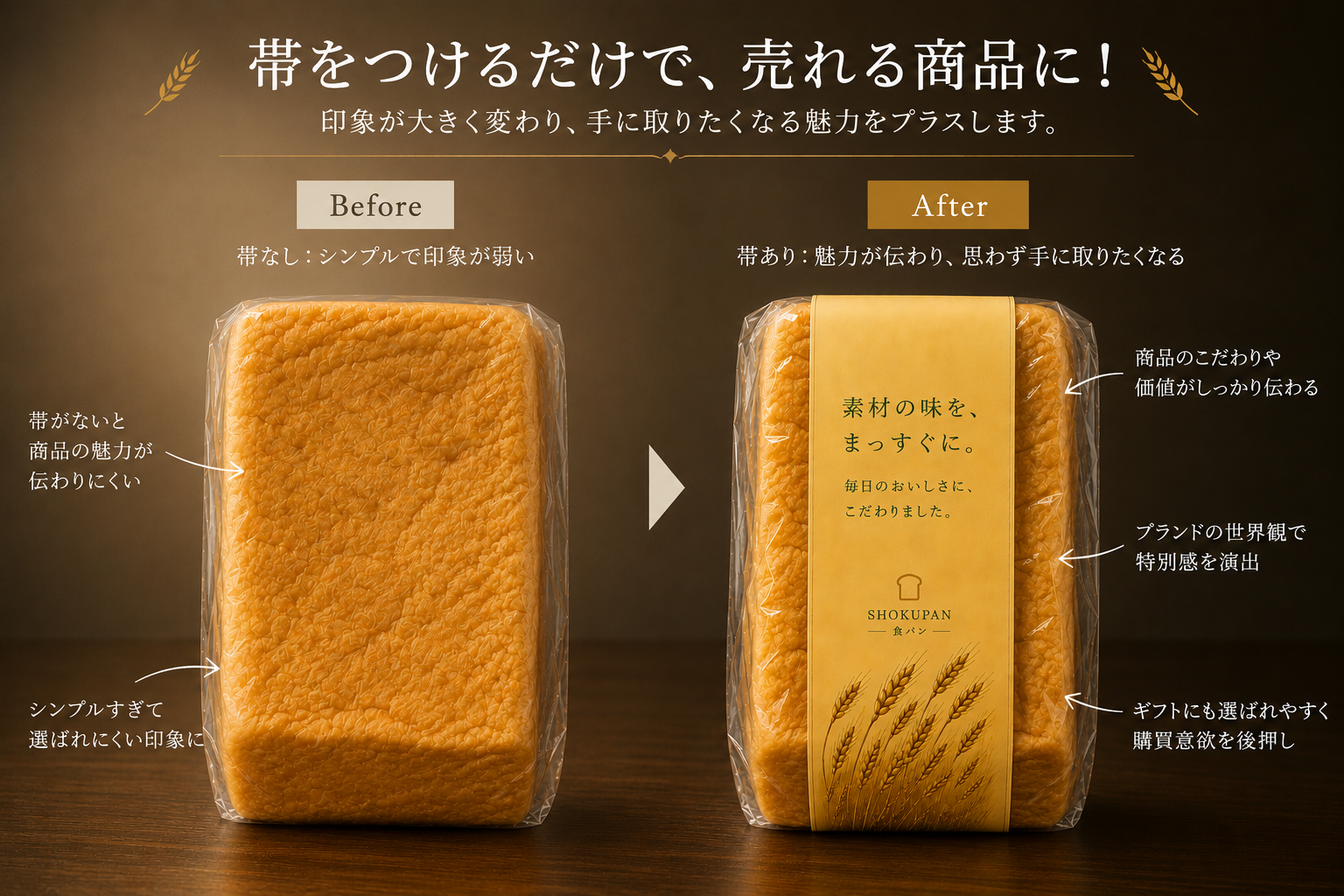 帯印刷を付ける前と付けた後に導入イメージ